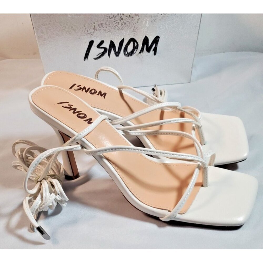 ISNOM White Women Heeled Sandals with Lace Up Strappy Ankle Size US 8 EU 38 - Picture 5 of 11